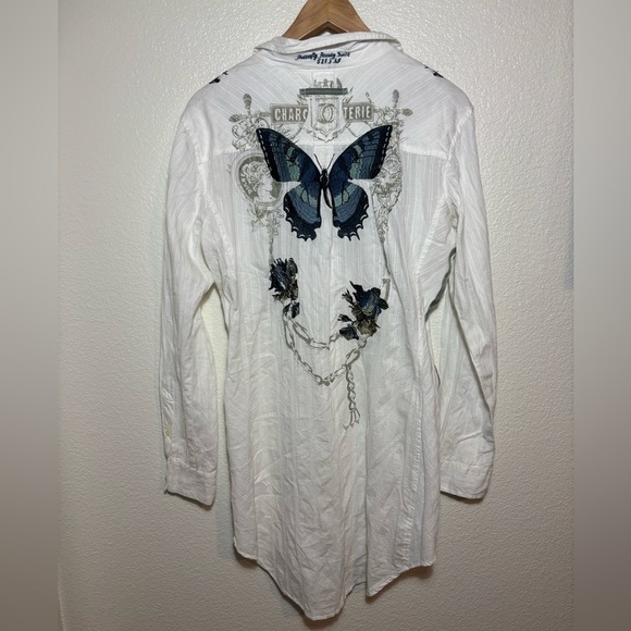 Johnny Was 3 J Workshop White Embroidered Button Down Long Blouse Size Large - Picture 5 of 8